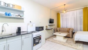 Une chambre d’hôtel compacte comprenant un coin cuisine, un canapé, un lit et une télévision.