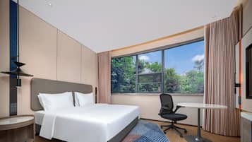 Down duvets, desk, blackout curtains, soundproofing