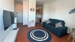 A living room with a dark green sofa, a flat-screen TV, and a round rug.