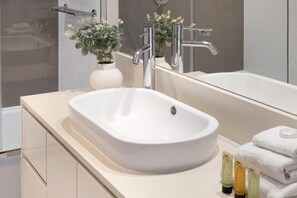 Hair dryer, towels, soap, shampoo