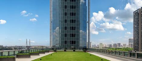 A modern building with a glass facade, a green lawn in front, and a clear blue sky.