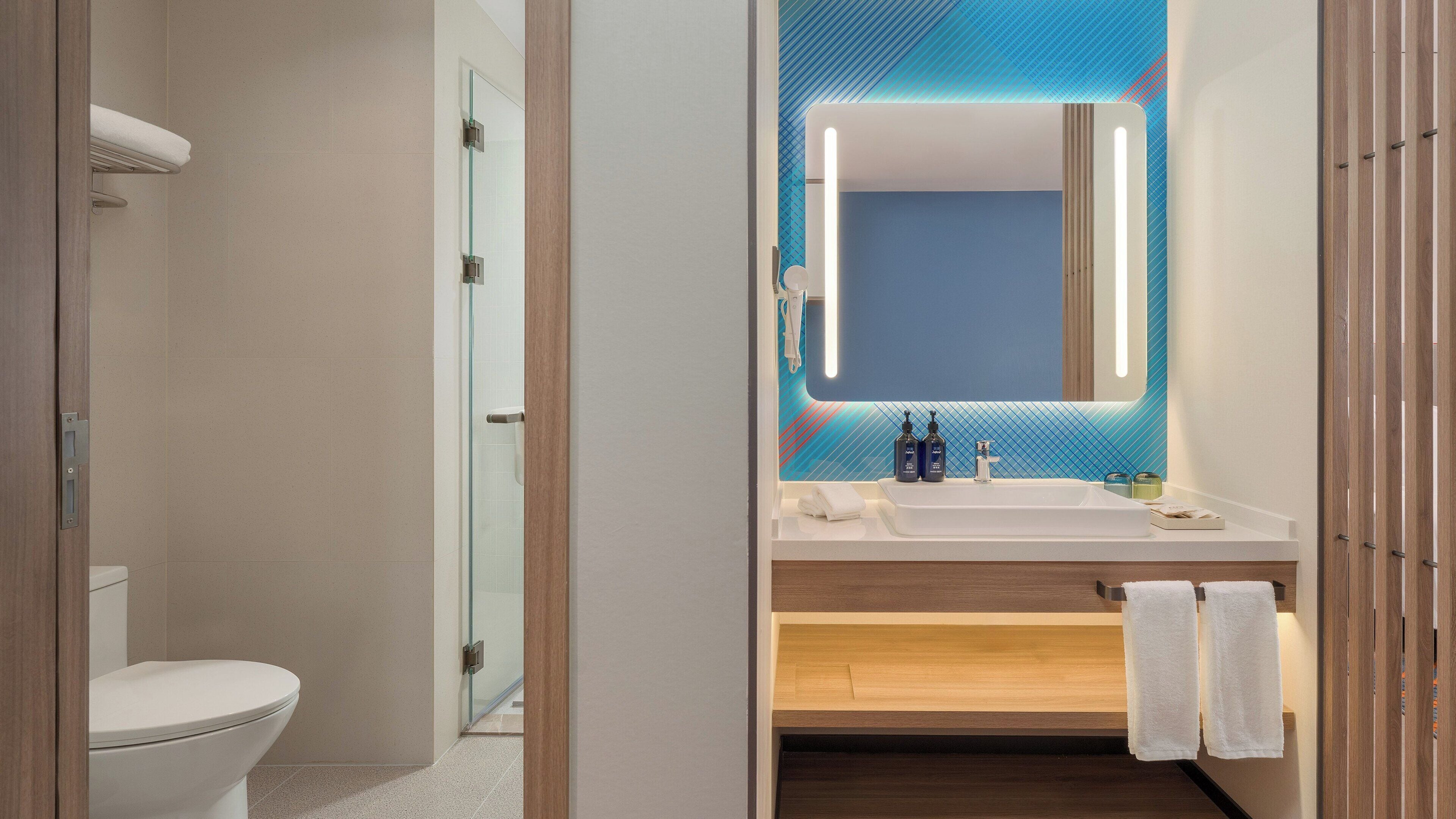 A modern bathroom with a glass shower enclosure, a white sink with a mirror, and a toilet.