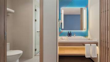 A modern bathroom with a glass shower enclosure, a white sink with a mirror, and a toilet.