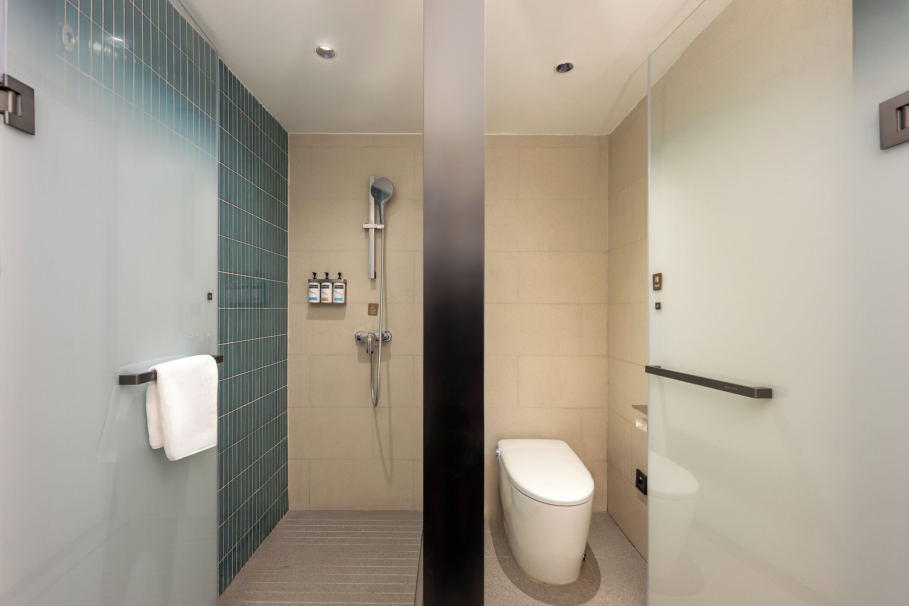 A modern bathroom with a glass shower enclosure, a toilet, and a towel rack.