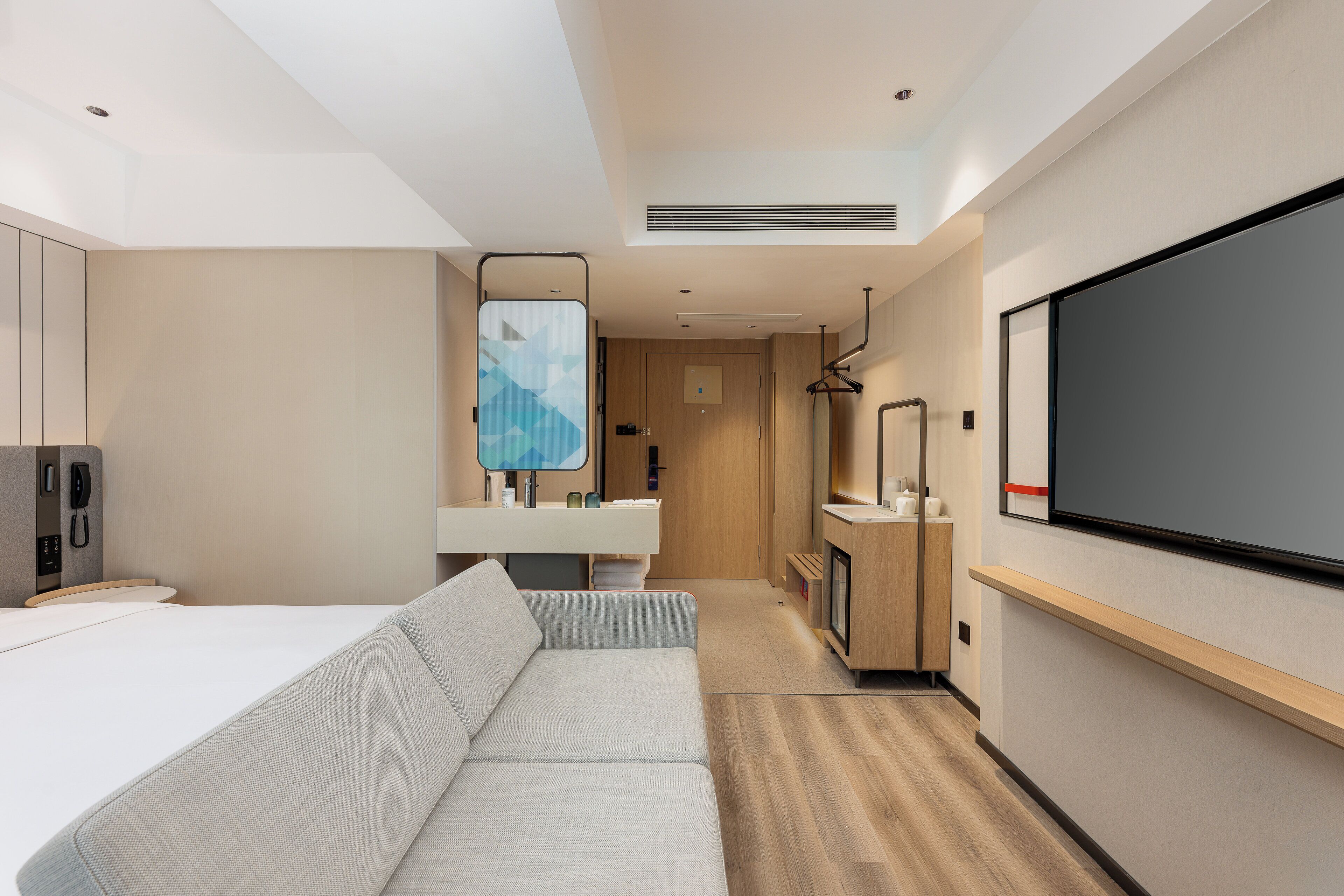 Down comforters, desk, blackout drapes, soundproofing