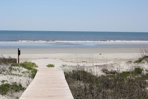 Walk along the beach on a wooden boardwalk surrounded by lush vegetation.