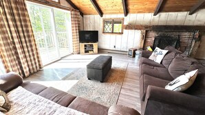 Una sala de estar acogedora con chimenea, ventanas amplias y una televisión.