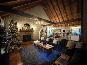 Smart TV, fireplace, DVD player, foosball