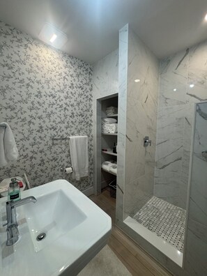 Shower, hair dryer, towels, soap