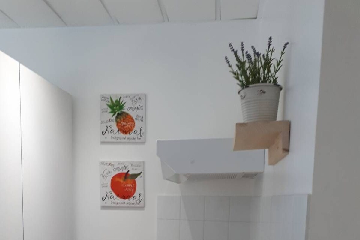 A small kitchen with a wooden countertop, a sink, and a potted plant on a shelf.