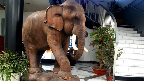 Eine große Elefantenstatue auf einem Podest, umgeben von Kübelpflanzen.