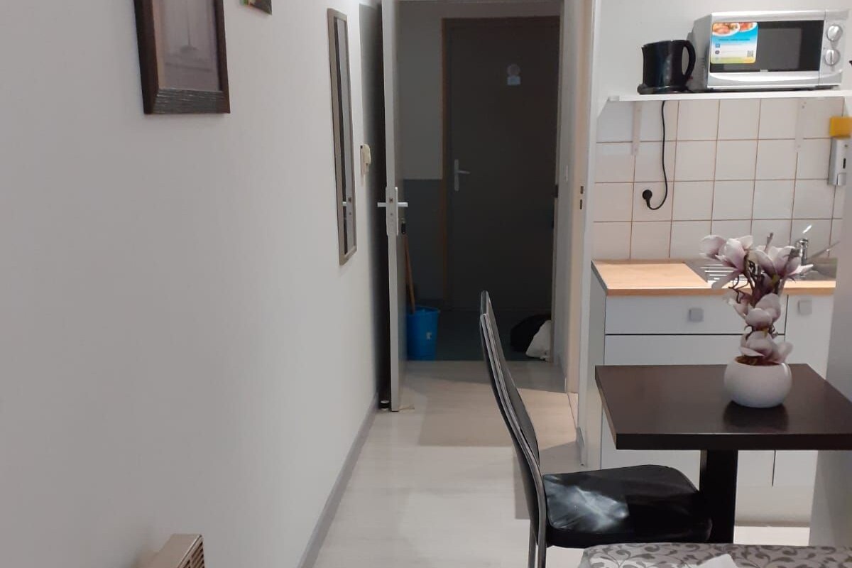 Habitación de hotel compacta con cama, una mesita con un florero, una silla, kitchenette con microondas y una puerta que da a un baño.
