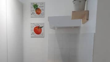 A small kitchen with a wooden countertop, a sink, and a potted plant on a shelf.