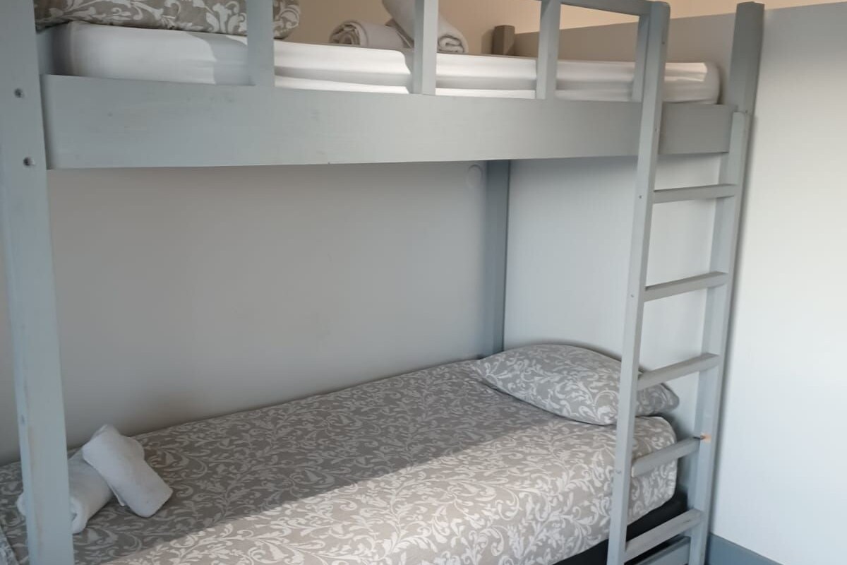 Una cama litera con escalera, ropa de cama estampada y una pared lisa.