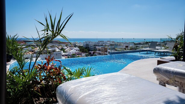 Ein Pool mit Meerblick, umgeben von Liegestühlen und Pflanzen.