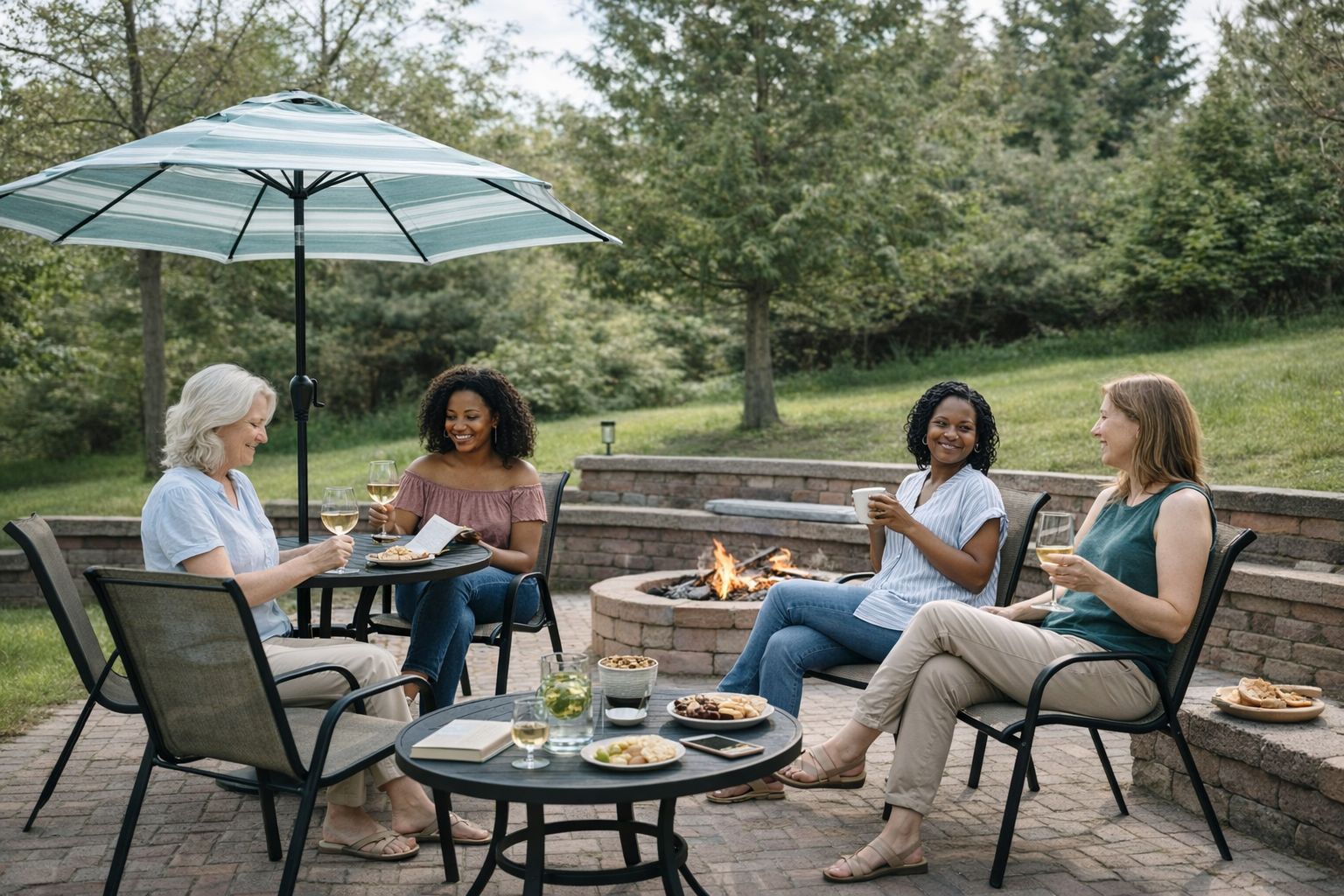 Four people seated around a round table with drinks and snacks, under a striped umbrella, in an outdoor setting with a fire pit.