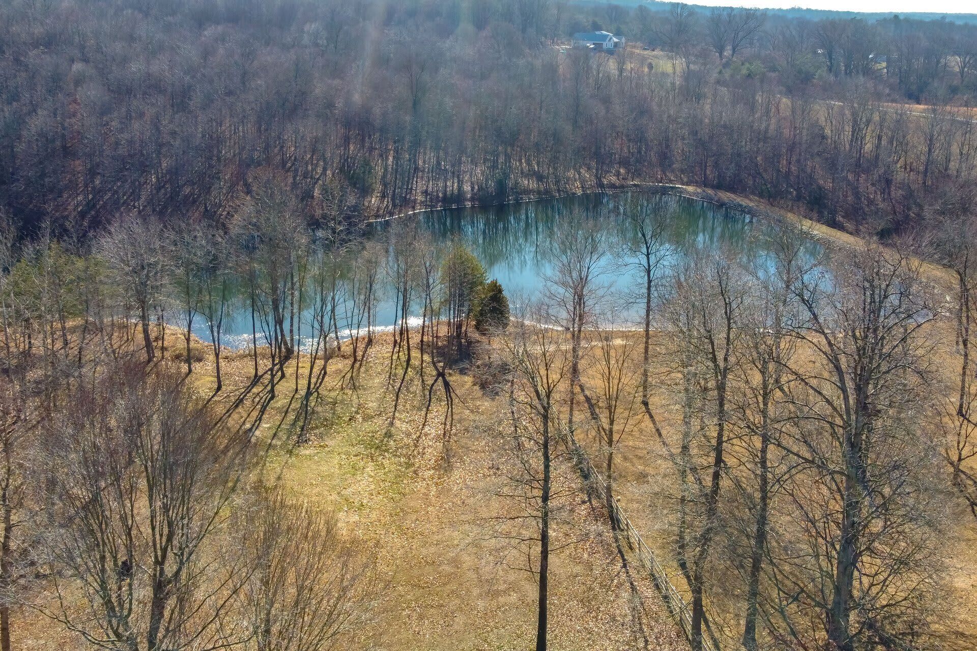 A natural landscape with a pond surrounded by trees and a distant building.