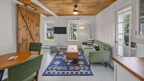Une pièce avec un plafond en bois, une porte coulissante de style grange, un canapé vert, une table basse en bois et un tapis bleu à motifs.