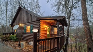 A log cabin with a porch, a satellite dish, and a mailbox.