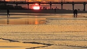 A beach scene with a pier and people walking along the shore. - Welcome to Rainbow at Folly House – Your Beachside Retreat Near Charleston! (Folly Beach)