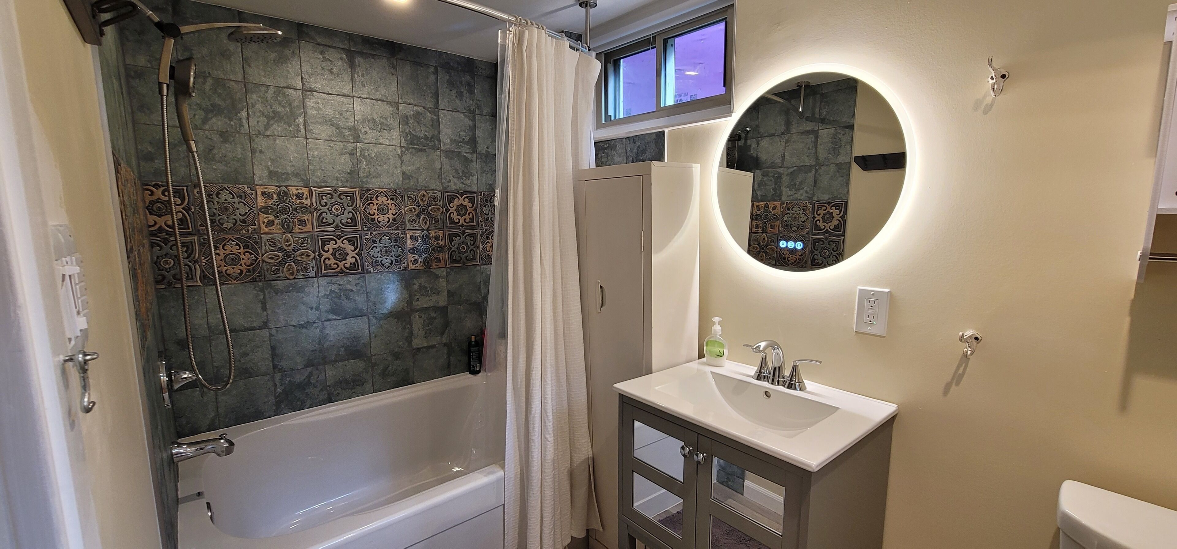 Hair dryer, towels, soap, toilet paper