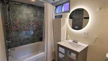 Hair dryer, towels, soap, toilet paper