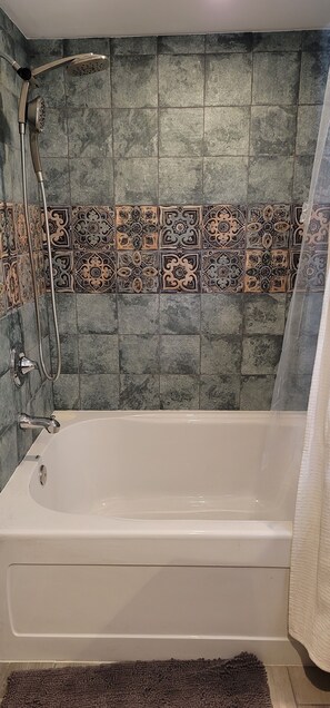 Hair dryer, towels, soap, toilet paper