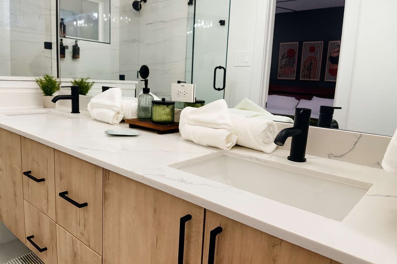 Shower, hair dryer, shampoo
