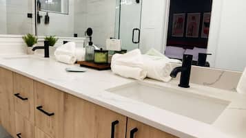 Shower, hair dryer, shampoo
