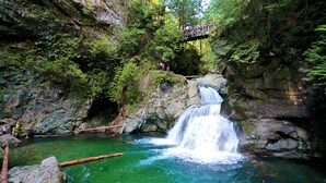 Une cascade située dans une zone boisée, avec une plateforme d’observation.