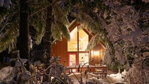 A cozy cabin with a wooden exterior, a glass door, and a bench outside. - Beautiful Cabin With Partial Views of Mt. Adams (Trout Lake)