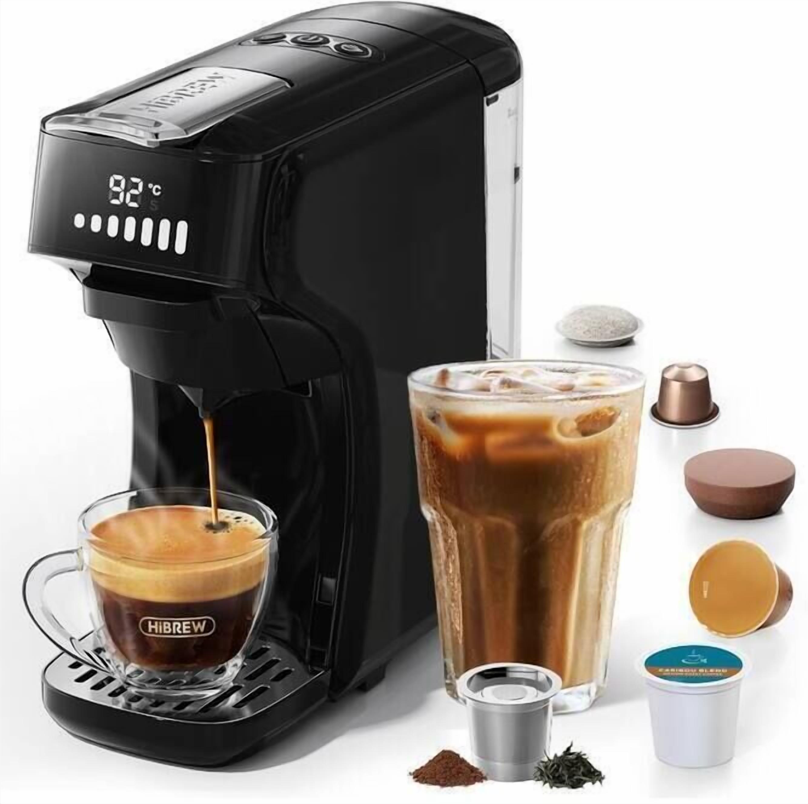 A black coffee maker with a digital display, a glass of coffee, a glass of iced coffee, a coffee pod, a coffee capsule, and a coffee grinder.