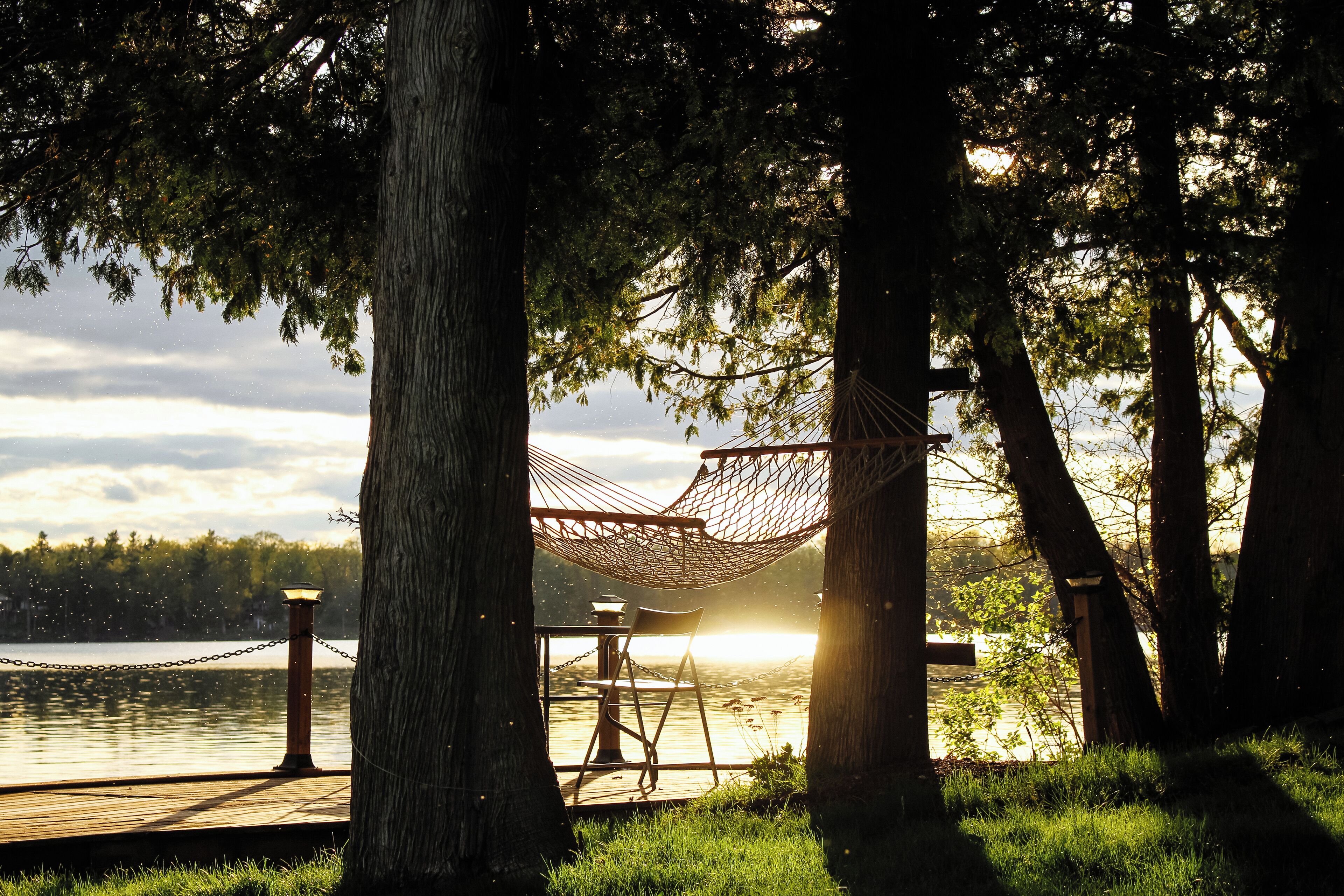 A hammock on a wooden deck overlooking a lake, surrounded by trees.