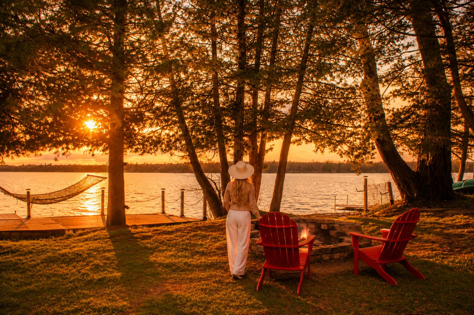 A hammock, red chairs, and a person standing by a lakeside during sunset.