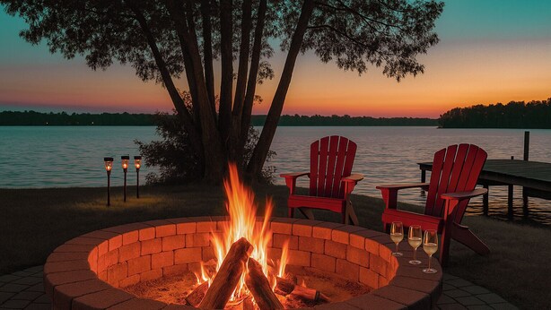 A circular brick fire pit with two red Adirondack chairs and a table, set against a lake at sunset.