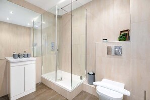 Shower, hair dryer, shampoo