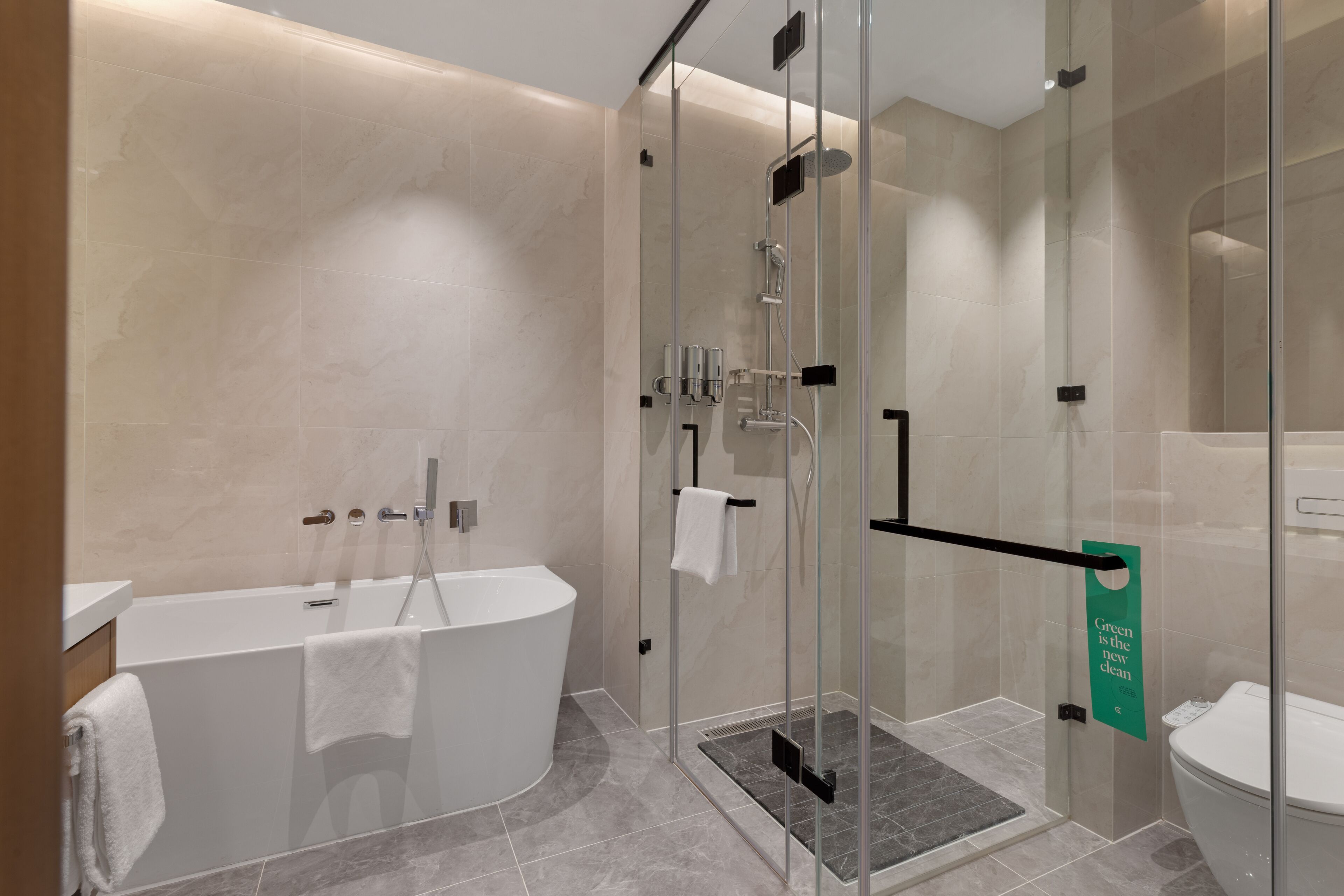 Hårtork, badrock, tofflor och bidé