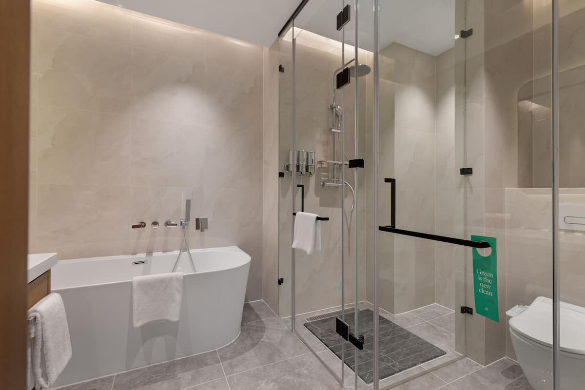 Hårtork, badrock, tofflor och bidé