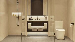 Hårtork, badrock, tofflor och bidé