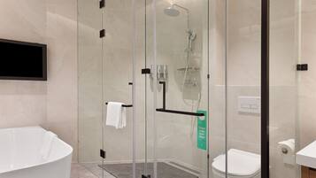 A modern bathroom with a glass-enclosed shower, a freestanding bathtub, and a toilet.