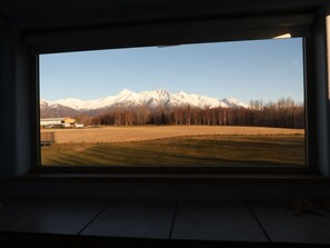 A room with a large window offering a view of snow-capped mountains and a field. - Windflower B&B: Charming Neighborhood and Stunning Mountain Views (Palmer)