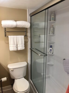 Dusche, Haartrockner, Handtücher, Seife