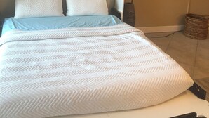 A hotel room with a bed, a flat-screen TV mounted on the wall, and a potted plant. - Cozy studio in wonderful New Smyrna Beach walking distance to 27th ramp and park (New Smyrna Beach)