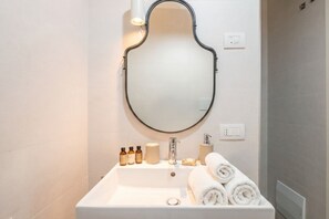 Shower, hair dryer, bidet, towels