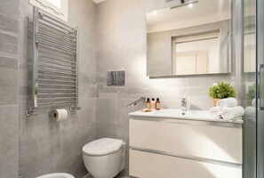 Shower, free toiletries, hair dryer, bidet