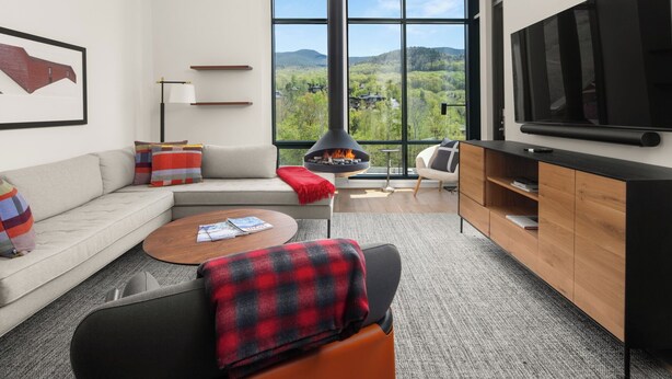 A modern living room with a large window, a fireplace, a sofa, a coffee table, and a TV.