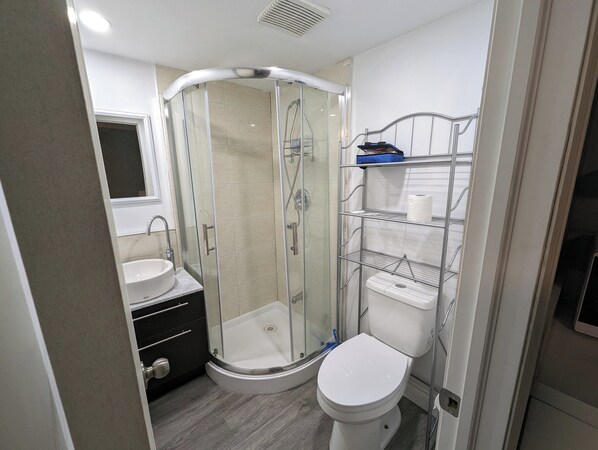 Regadera, jabón, papel de baño