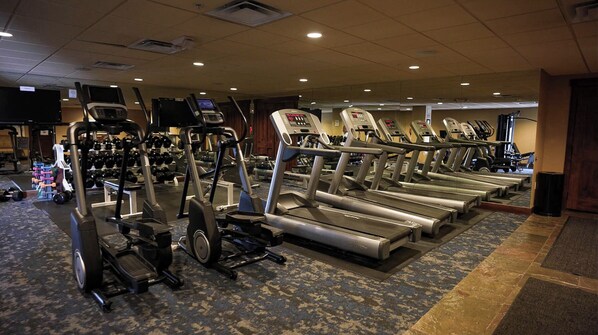 A gym with treadmills, ellipticals, and free weights.