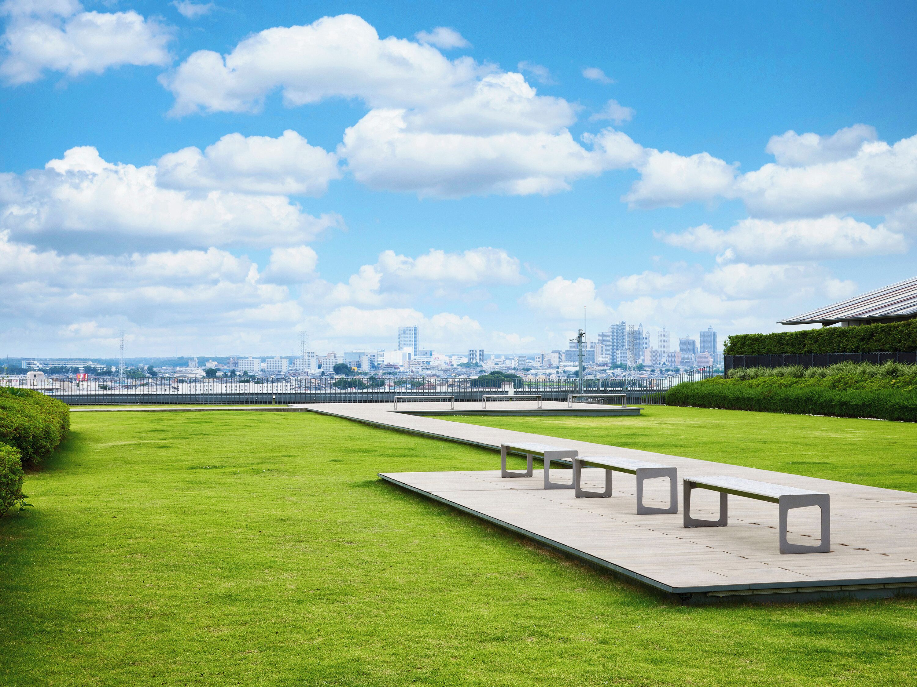 A park with a long pathway and benches, leading to a city skyline in the distance.