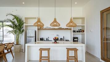 Deluxe Villa, 3 Bedrooms, Patio, Pool View | Private kitchen | Fridge, stovetop, espresso maker, electric kettle